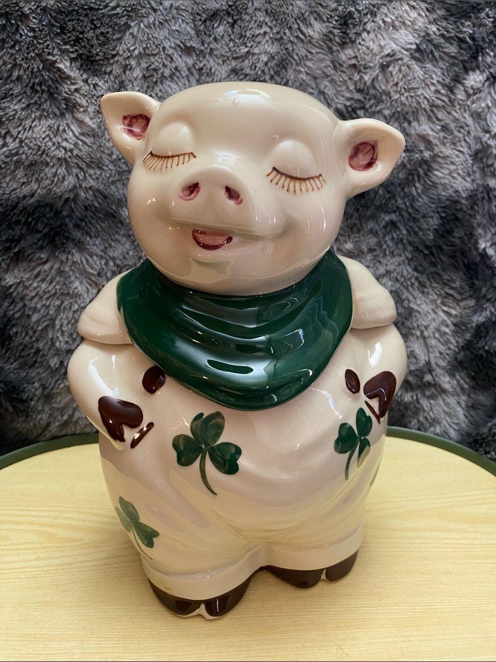 Vintage Shawnee USA Pottery Pig with Green Bandana and Shamrock Accents